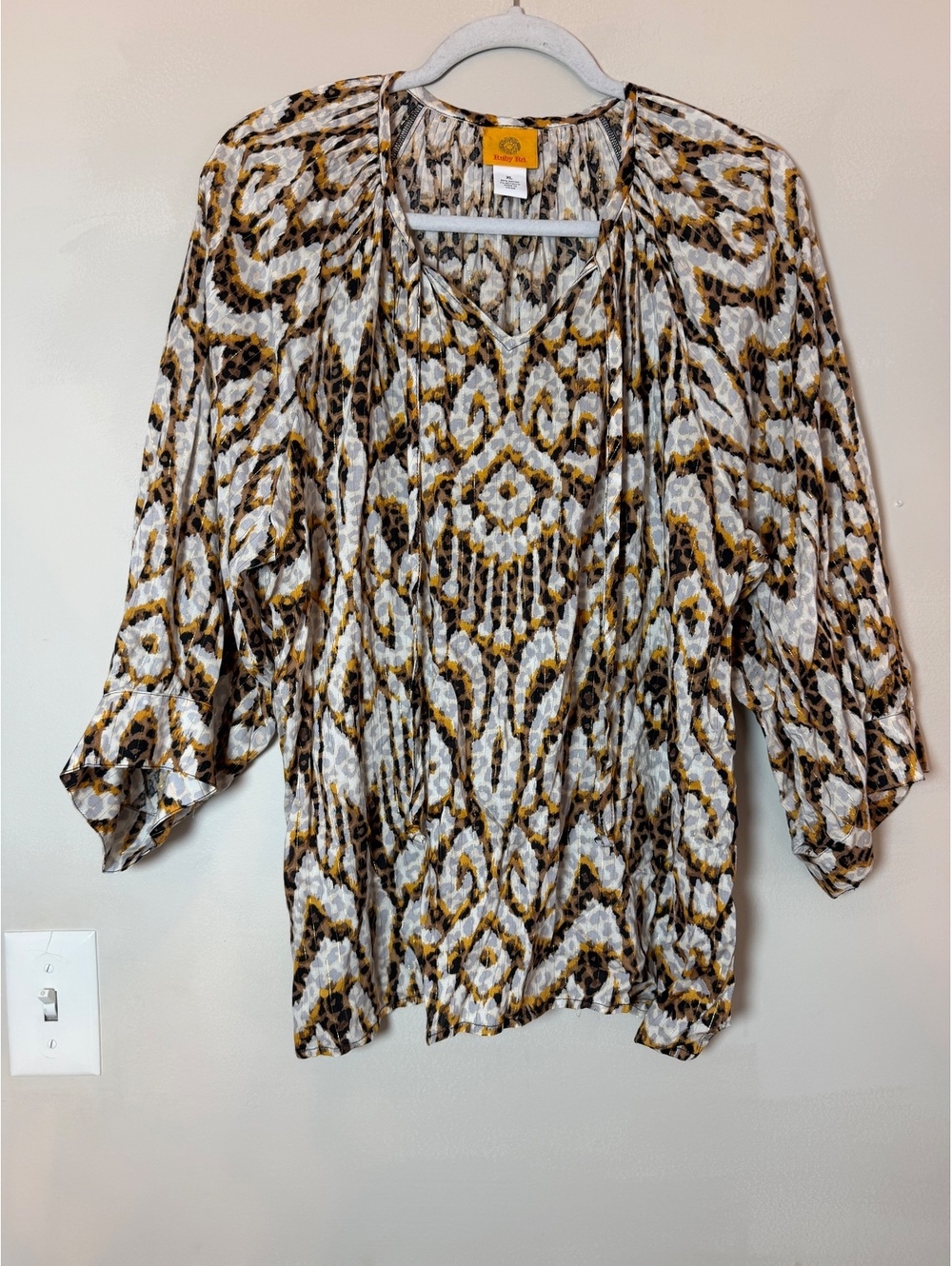 Ruby Rd Women's XL Ikat Animal Print Blouse Boho Split V-Neck 3/4 Sleeve Top